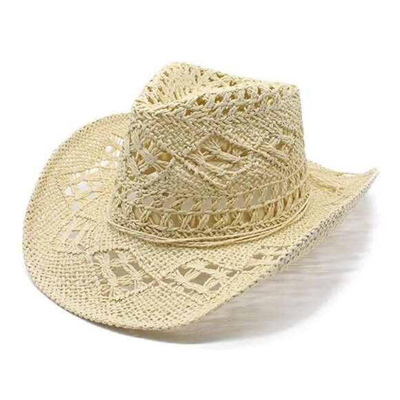 Beige Western Cowboy Cowgirl Straw Hat Sun Summer Beach Party Rodeo, Womens Mens - Picture 3 of 7